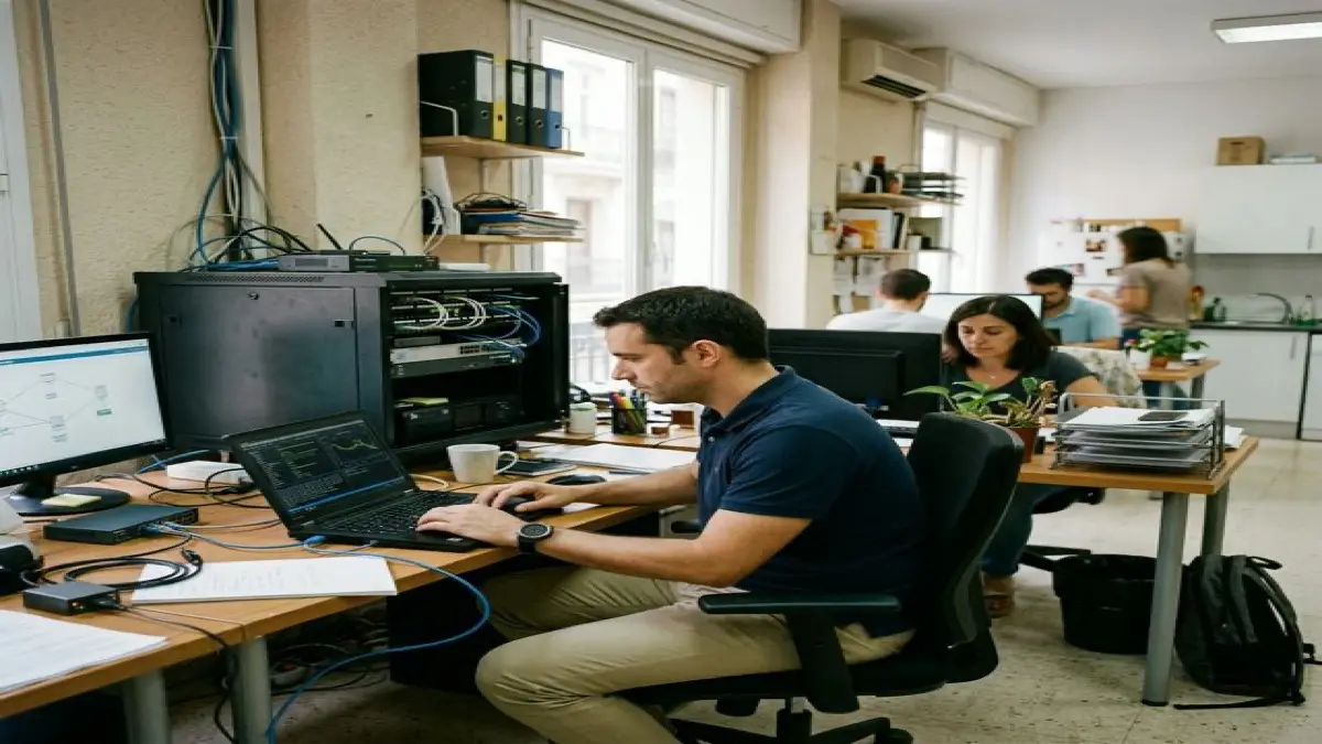 Auditoría informática en empresa revisando servidores, red y puestos de trabajo