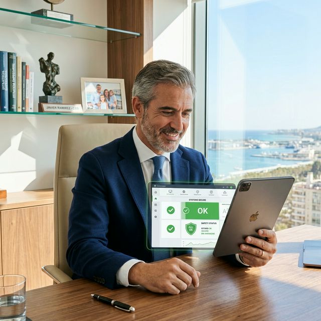 Empresario de Málaga revisando el estado de ciberseguridad de su empresa en una tablet con indicadores positivos de protección.