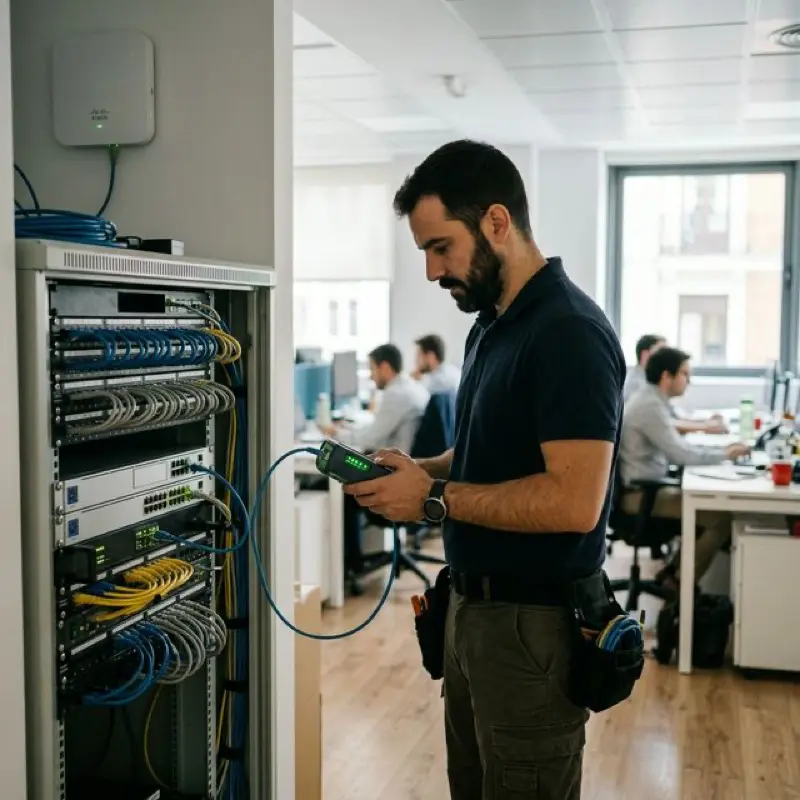 Redes e infraestructura wifi empresarial en entorno de oficina