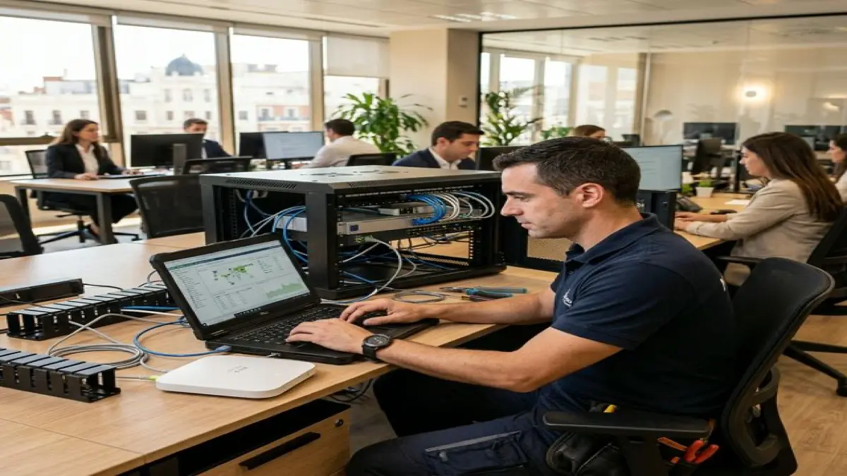 Infraestructura de red y wifi empresarial en oficina con revisión técnica