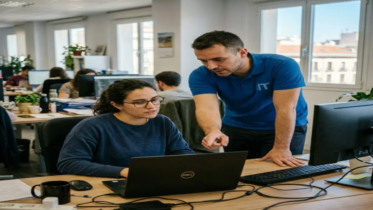 Soporte técnico informático en empresa resolviendo una incidencia en un puesto de trabajo